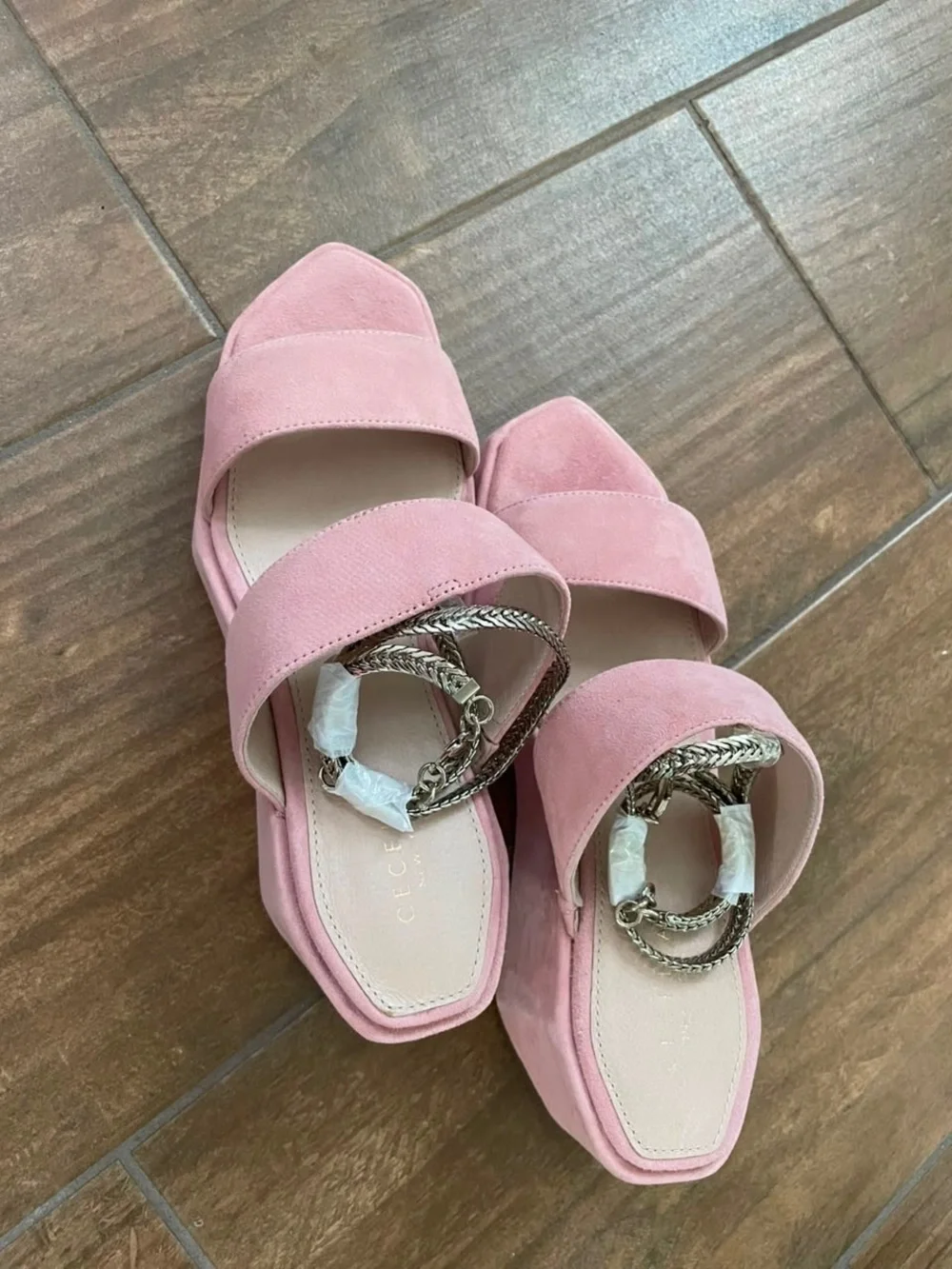 CECILIA NEW YORK Baleves Pink Suede Platform Wedge Sandals with Chain Strap